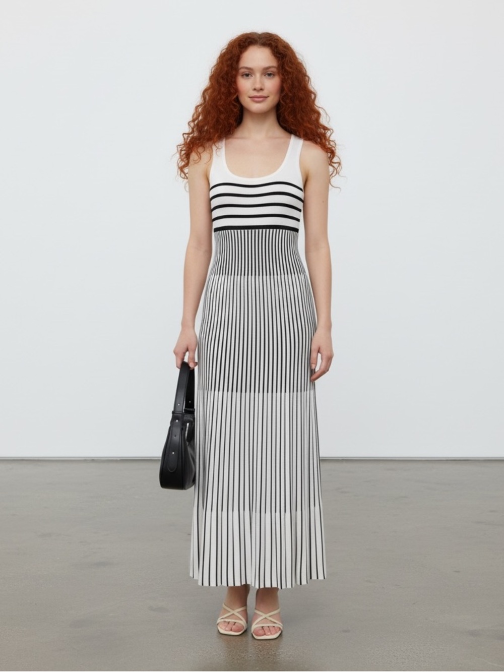 1253 • Ivory/Black 85% Rayon Soft Stretchy Knit Varied Stripe A Line Tank Dress